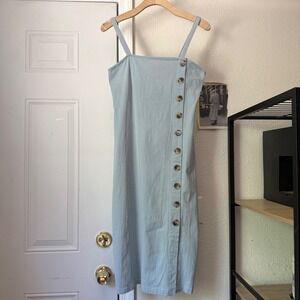 LINEN LUX light baby blue cotton shell button up sleeveless midi dress